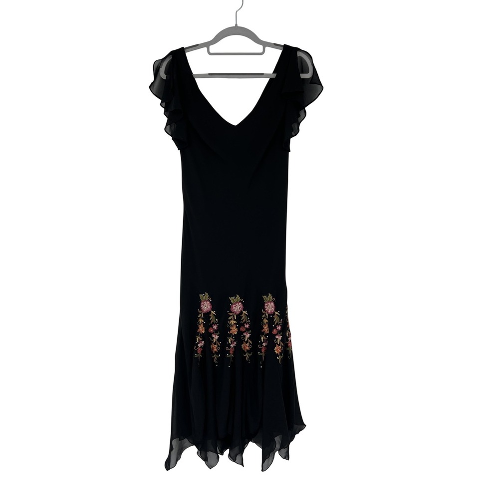 SL Fashions Dress Womens 10 Black Floral Embroidered V Neck Chiffon Asym Hem